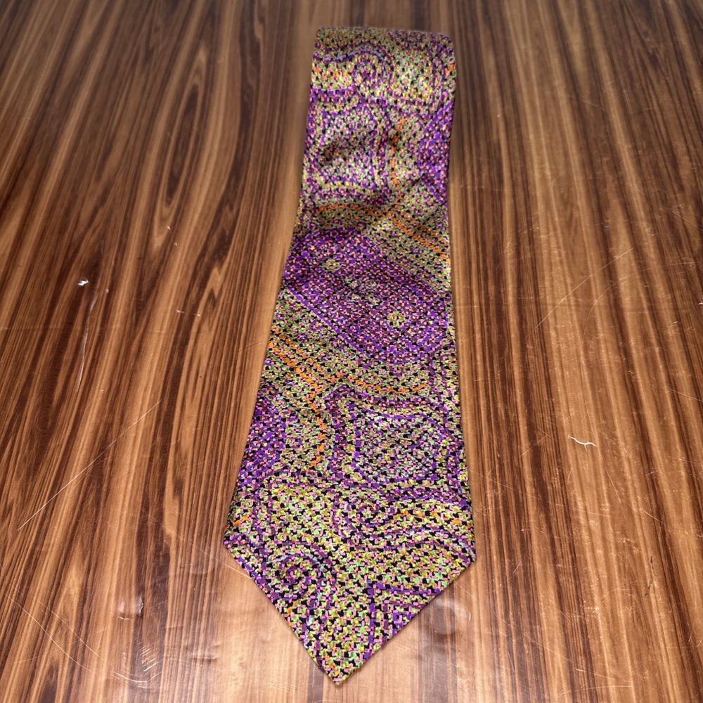 Brioni Silk Tie Green Purple Orange Abstract‎ Art Swirl 4" Wide Italy Made